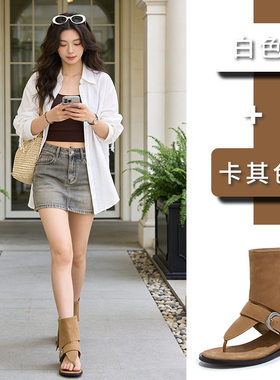 2026新款复古港风凉靴女夏季平底夹趾凉鞋休闲百搭短筒罗马女鞋潮