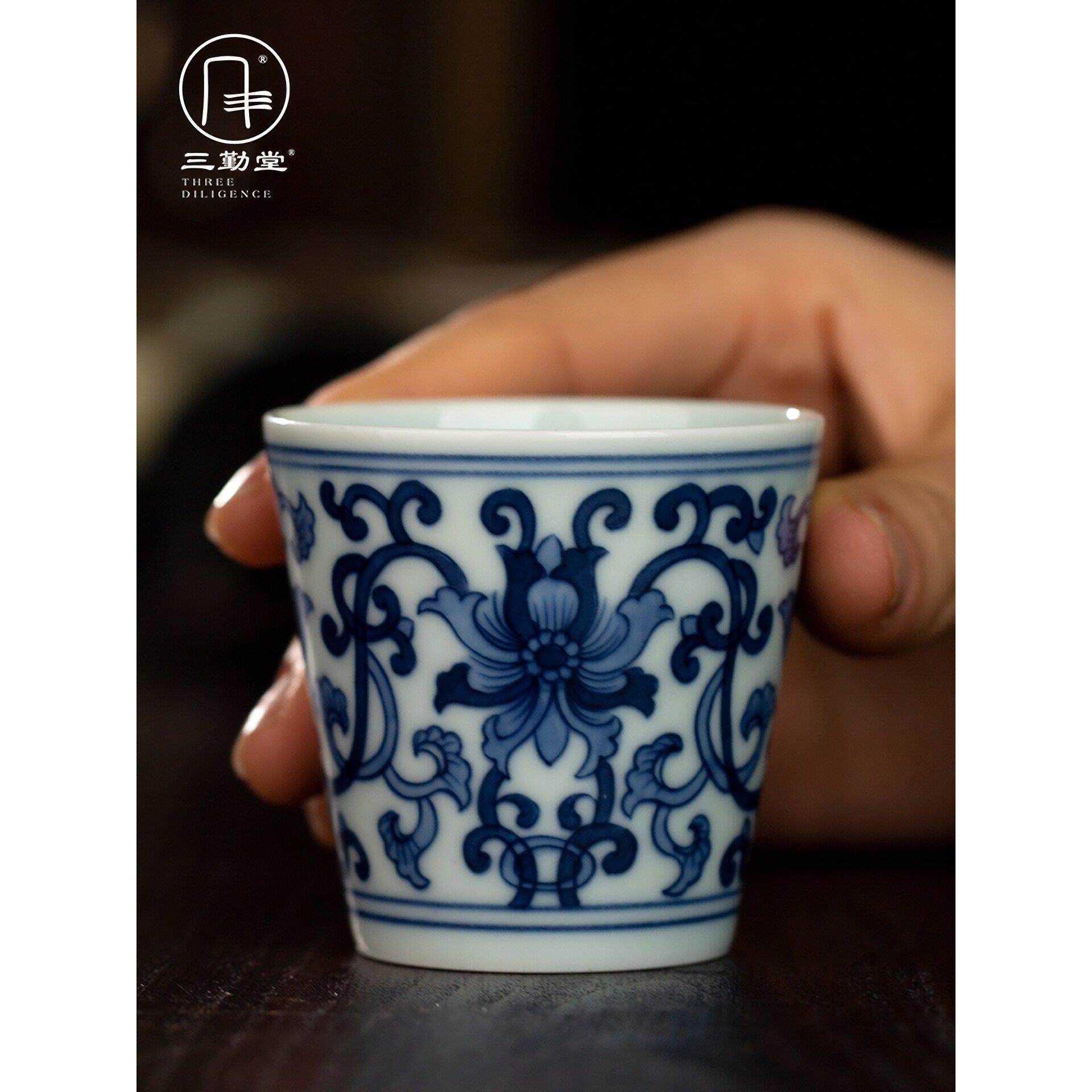 三秦堂功夫茶具杯手绘青花大师杯景德镇陶瓷花鹤直口杯单杯