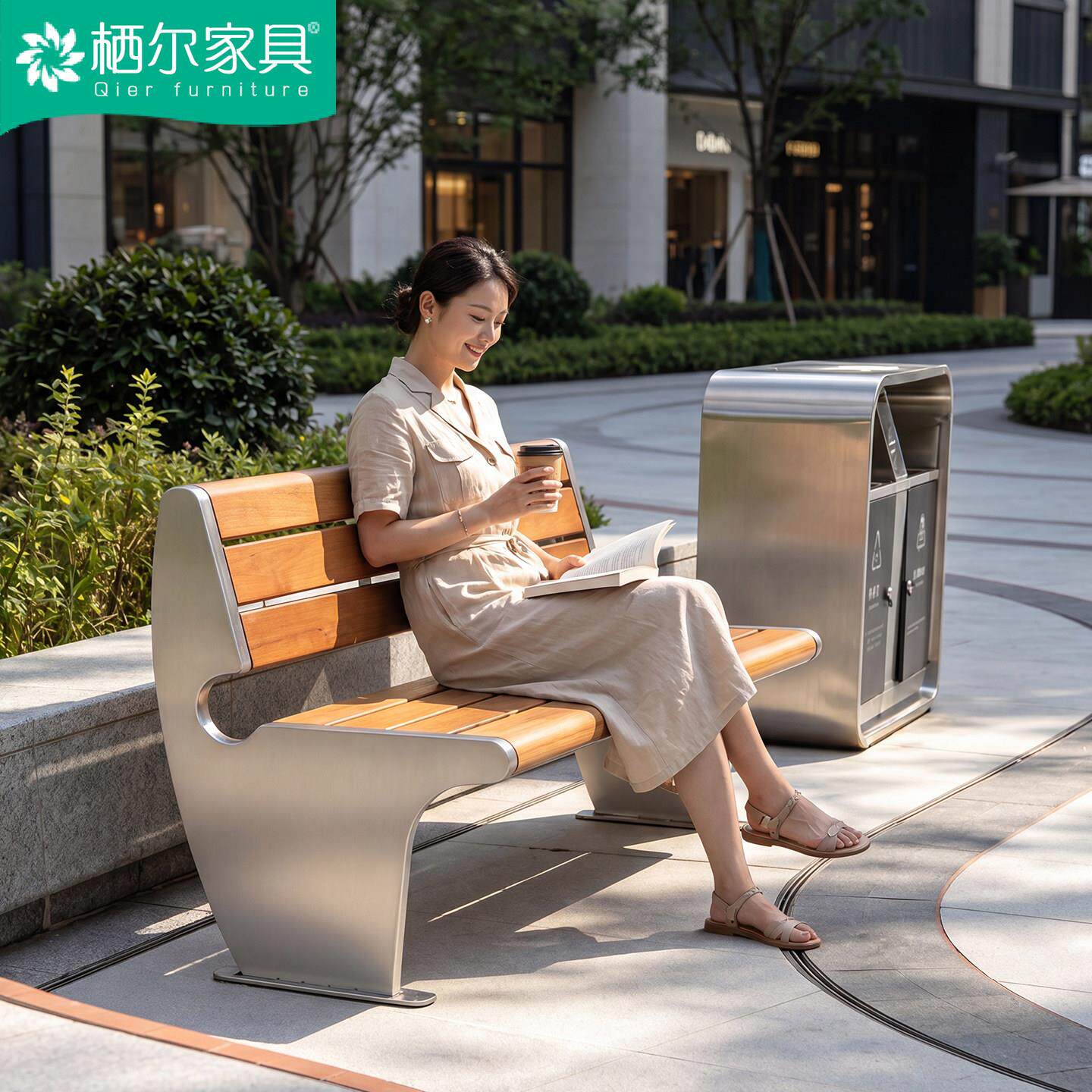 户外公园椅不锈钢长椅室外庭院休闲座椅铁艺长凳带靠背公共椅子