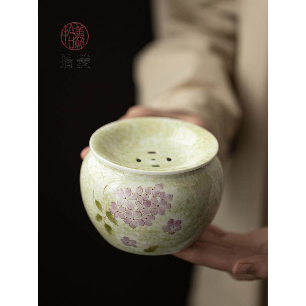 拾羡手绘绣球花建水陶瓷带盖茶洗功夫茶具小号滤茶渣缸废水桶水盂