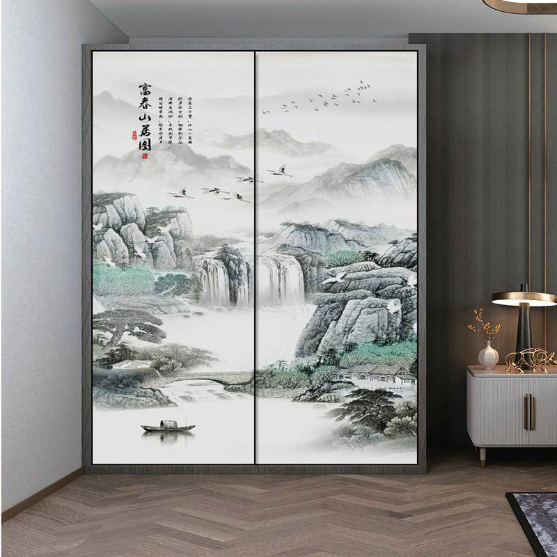 钢化玻璃衣柜拉门新中式彩绘山水画移门定制免打孔衣柜门