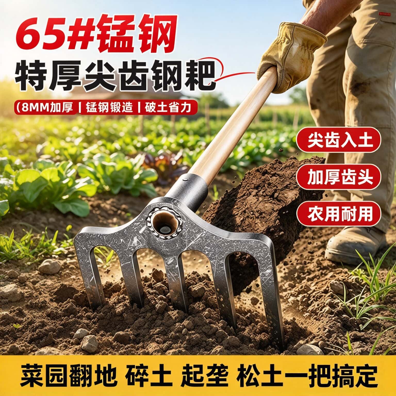 锰钢加厚翻地钢耙花园种菜翻土松土刨花生多齿耙开荒翻地农用工具