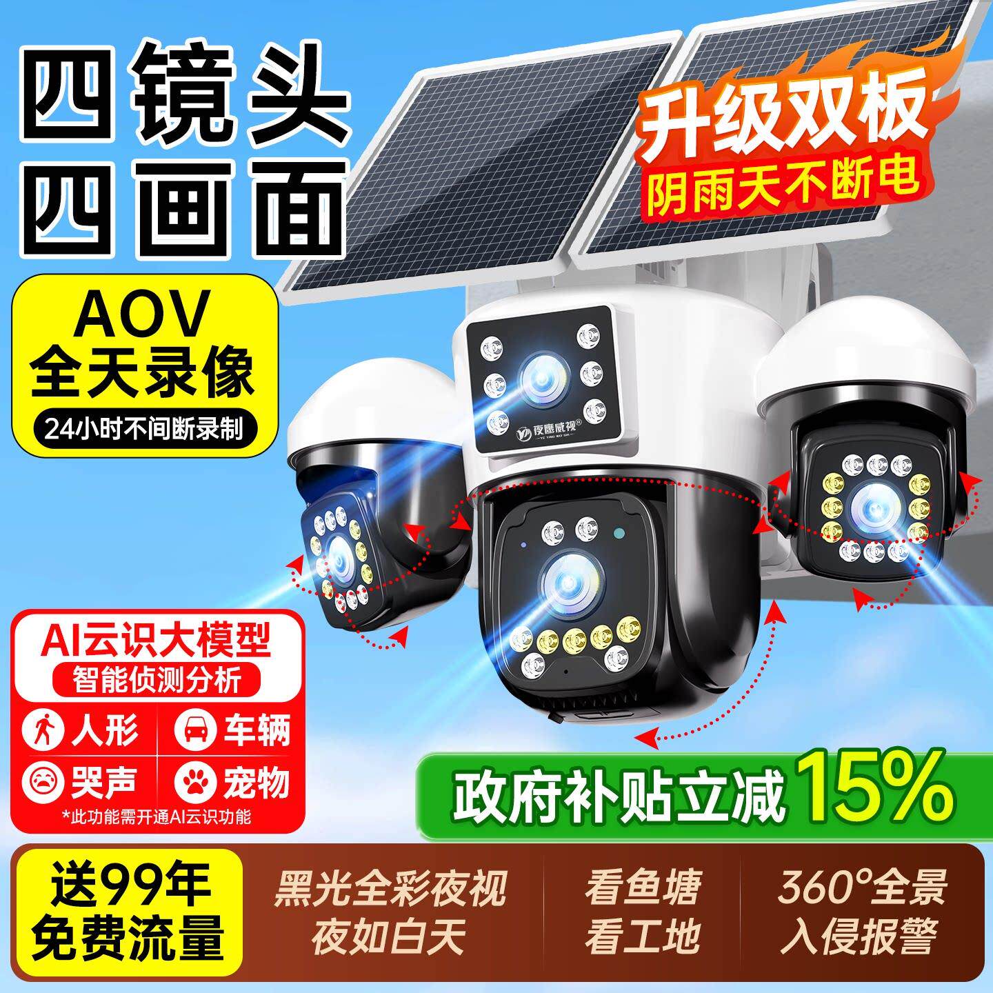 AOV太阳能摄像头户外360度无死角手机远程无电无网高清四画面监控