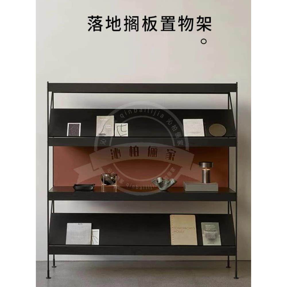 斯堪的纳维亚一字隔断储物架书架铁实木组合多层地板储物杂志展示