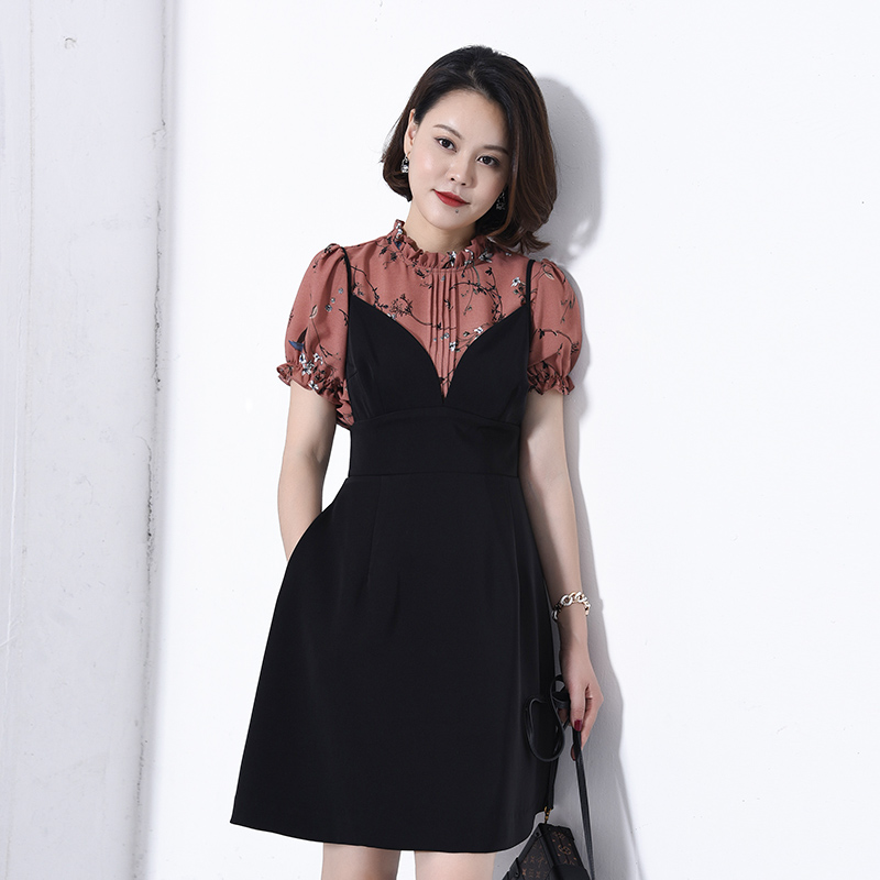 JRSHOP 夏 吊帶短連衣裙+減齡蓬蓬短袖雪紡上衣套裝