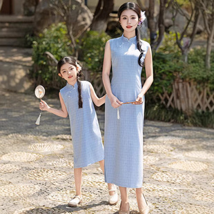 2026新款浅蓝色格子亲子旗袍母女款夏季新中式改良旗袍连衣裙亲子