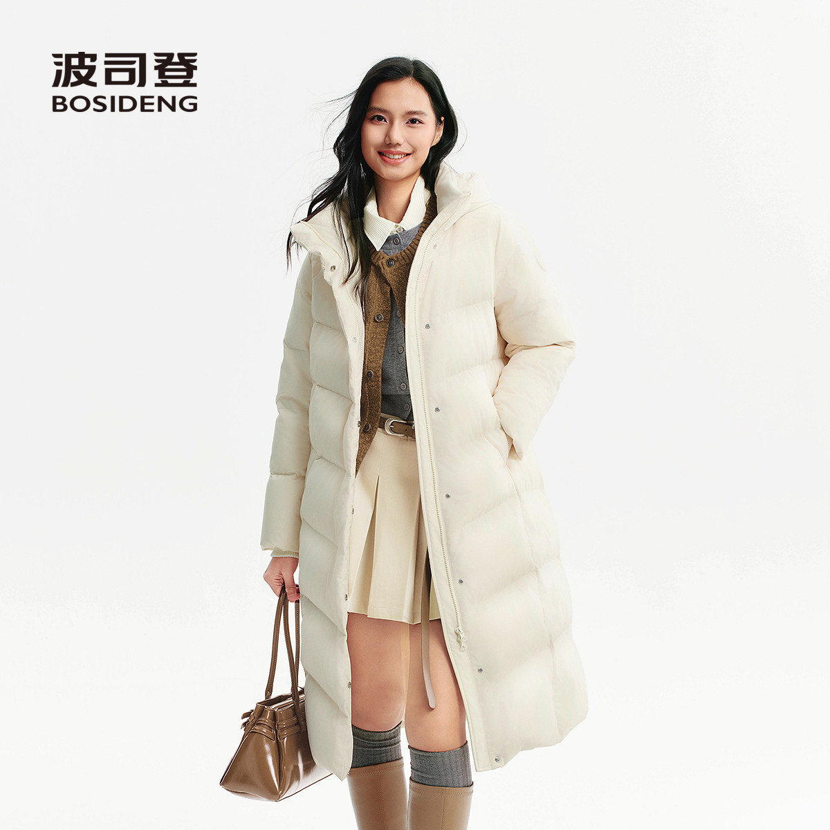波司登长款羽绒服女收腰显瘦连帽保暖外套米白色腰带款