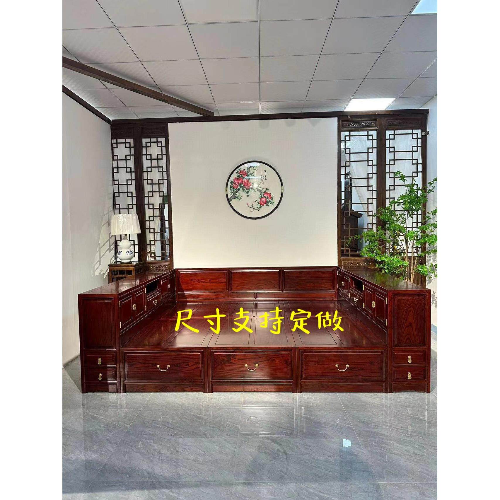 实木大炕床老榆木罗汉床榫卯结构炕床榻榻米收纳箱体床罗汉榻