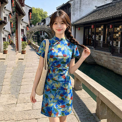 2026新款蓝色国风新中式短款改良旗袍年轻款女小个子日常可穿夏季