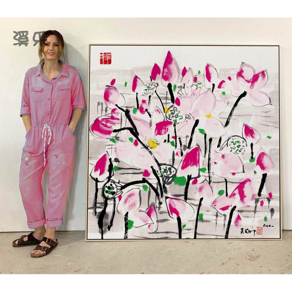 西乐吴贯中装饰画荷花挂画新中国风自习室装饰画餐厅客厅办公室水