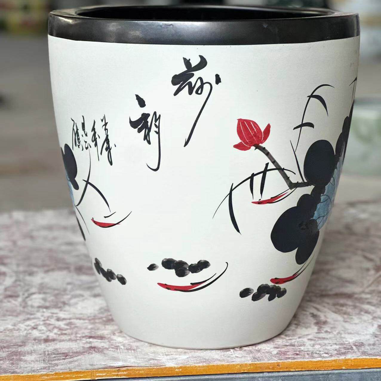 陶瓷花盆高款碗莲荷花盆直筒一体仿真室内北欧风长条