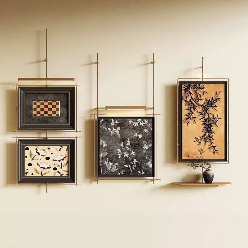 中古风墙面装饰挂画茶室玄关装饰带灯挂件售楼处墙面装饰金属挂画