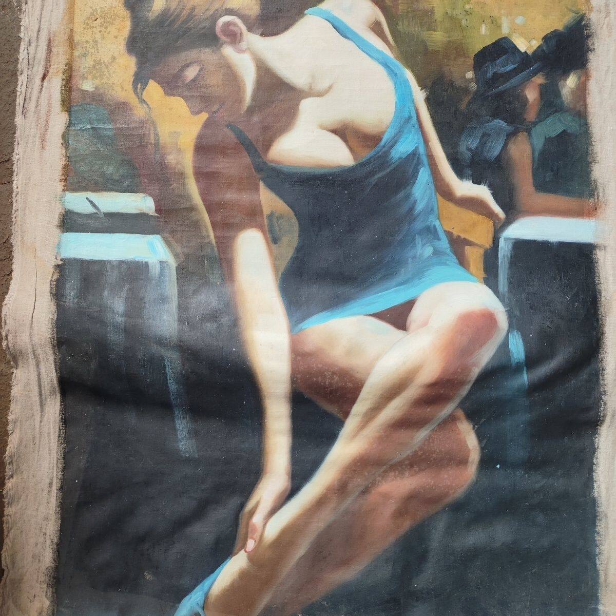 世界名画人体油画蓝色美人扶足玉足油画