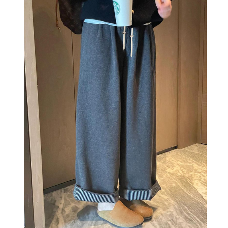 孕妇条纹翻边毛呢阔腿裤子
