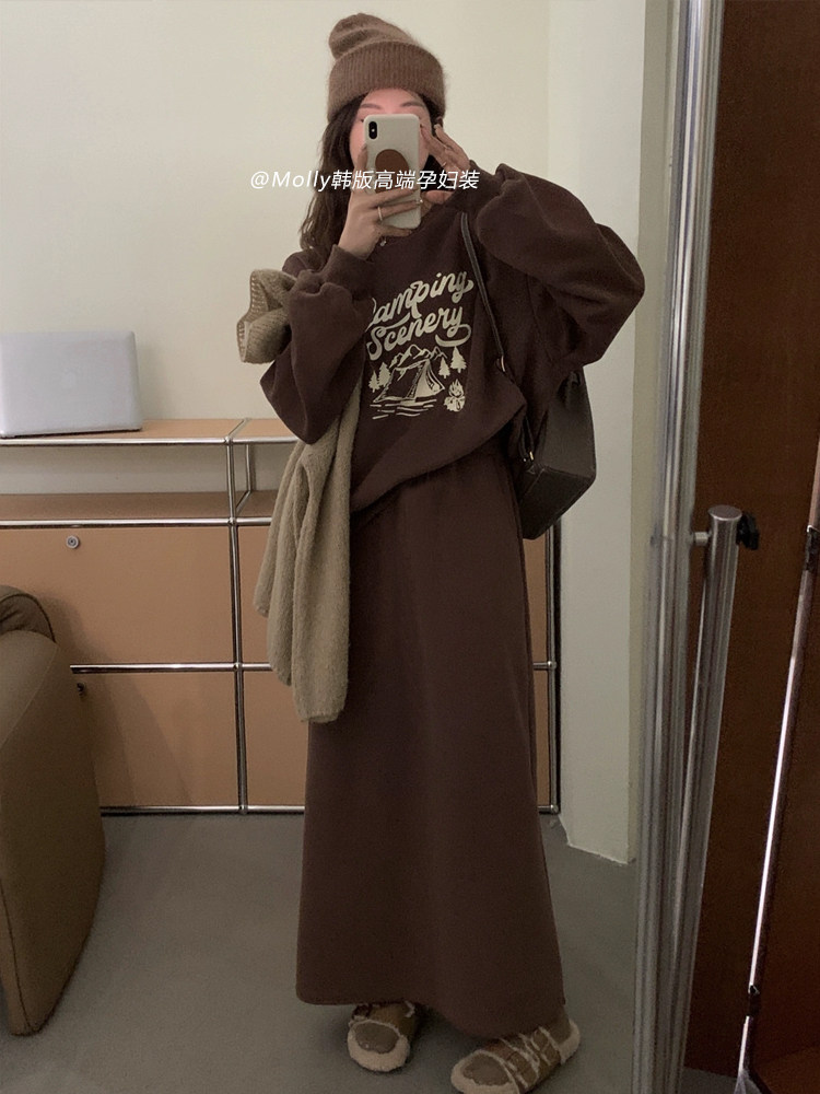 임산부를 위한 한국 스타일 슈트 패셔너블한 메일라드 프린트 풀오버 벨벳 두꺼운 스웨트셔츠 + 스커트 투피스 슈트