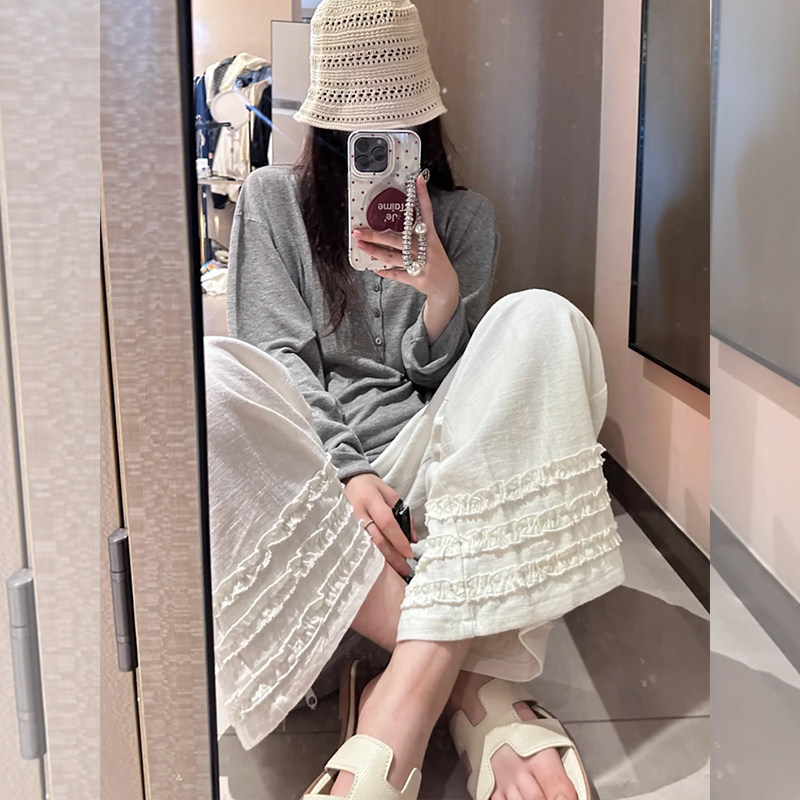 孕妇木耳边九分裤夏季薄款外穿2025新款无托腹休闲运动直筒阔腿裤