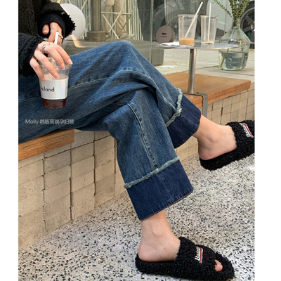 孕妇翻边直筒牛仔阔腿裤