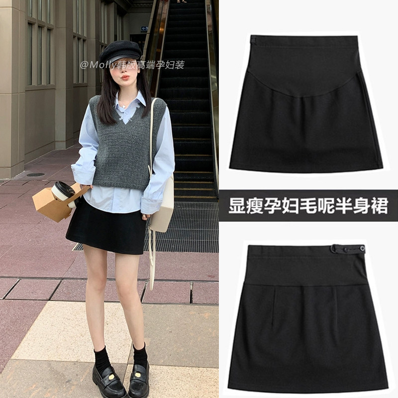 孕妇黑色显瘦毛呢半身裙