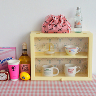 韩国ins奶油风蝴蝶结桌面置物架小木柜子收纳柜储物柜展示陈列柜