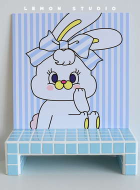 韩国蓝色条纹卡通兔子无框墙面挂画桌面装饰背景板ins风拍照道具