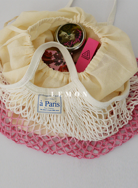 自制ins网红渐变粉黄色手提购物袋手工编织镂空肩背网袋拍照道具