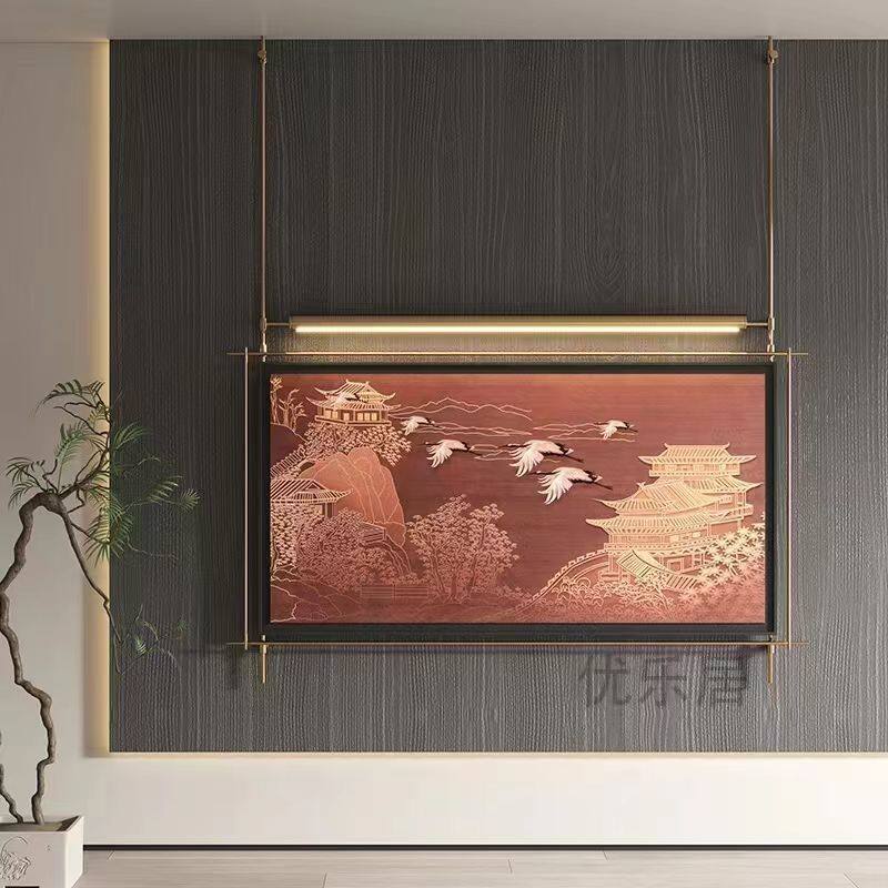 新中式金属吊杆装饰画带灯酒店背景墙挂墙艺术品新款壁画铁艺挂画