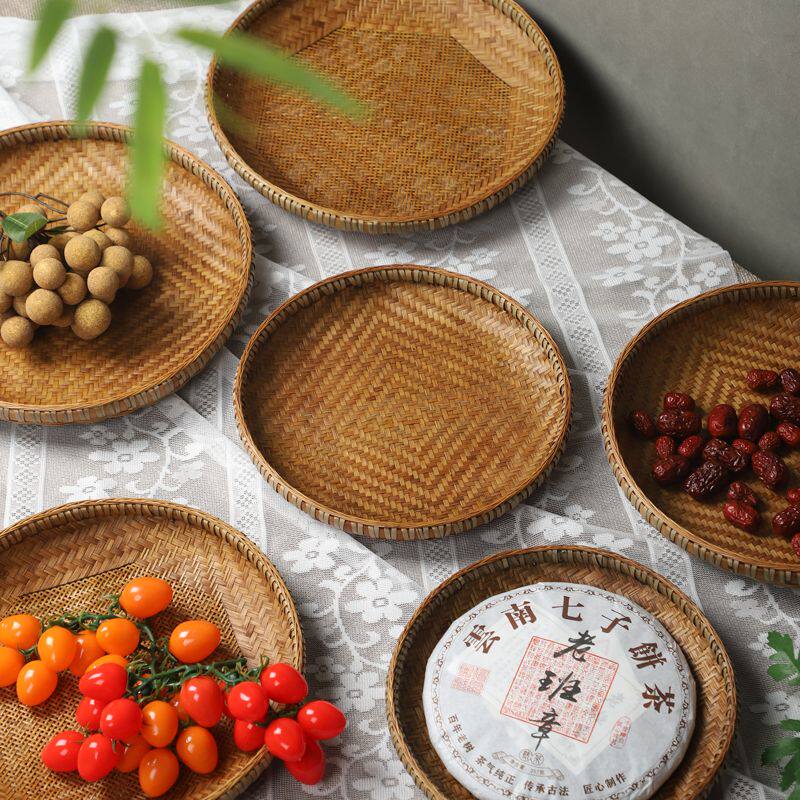 竹编簸箕精品大漆圆形家用晾晒筐匾老式米筛有孔零食坚果收纳盘子