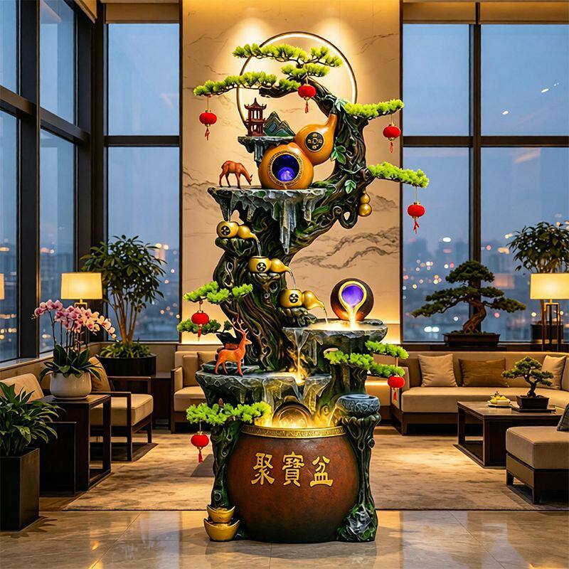 招财葫芦假山流水落地摆件福禄鹿迎客松风水轮办公室乔迁循环水景