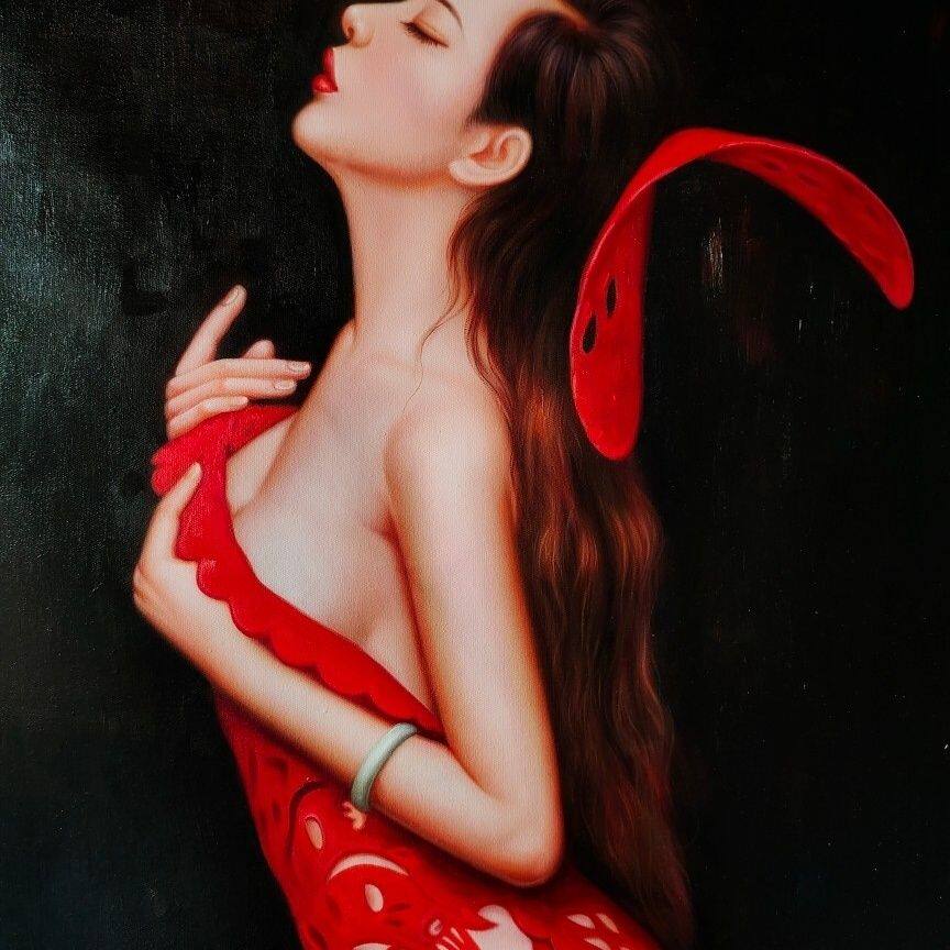 高档油画!《美女艺术》黄天恩手绘油画,长90厘米宽60厘米