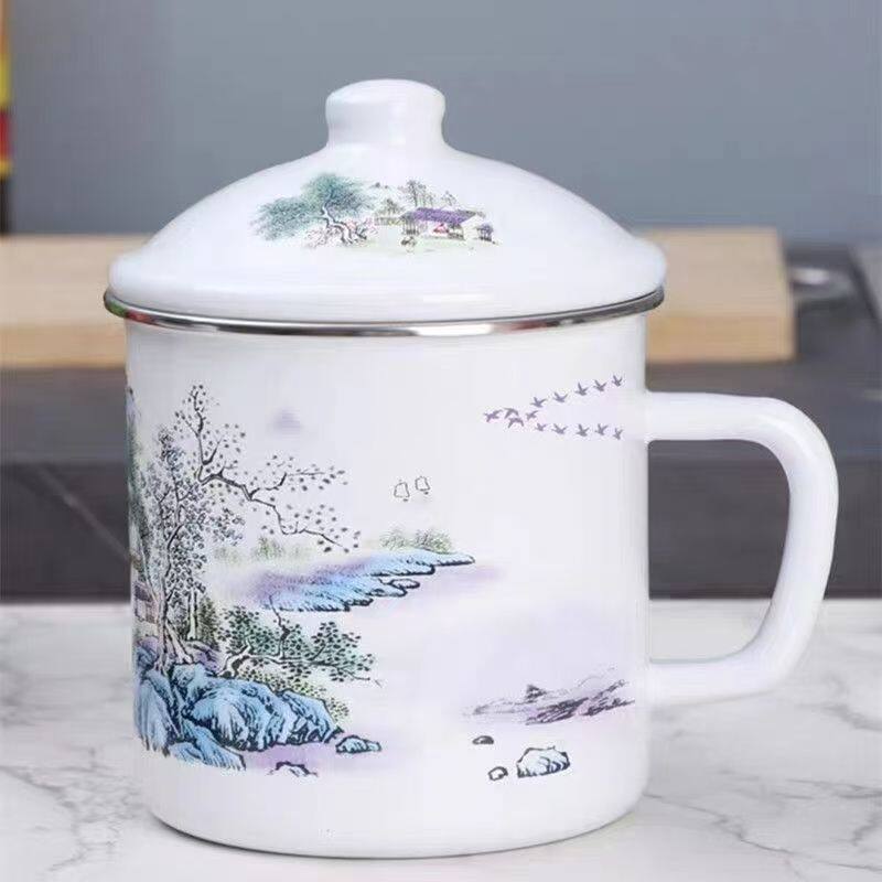 老式搪瓷缸子带盖茶缸子带盖新款茶杯青花瓷