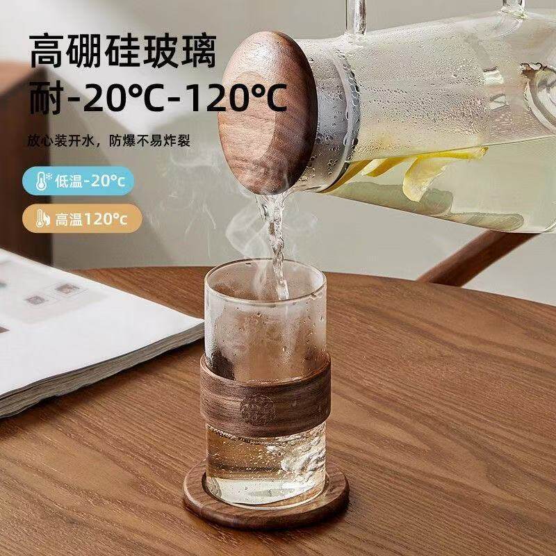 玻璃水杯套装家用耐高温泡茶杯带木圈个人专用茶水杯具