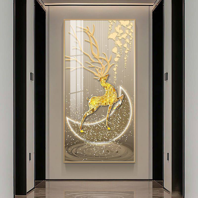 玄关装饰画轻奢简约大气竖版挂画麋鹿进门玄关画走廊过道装饰壁画