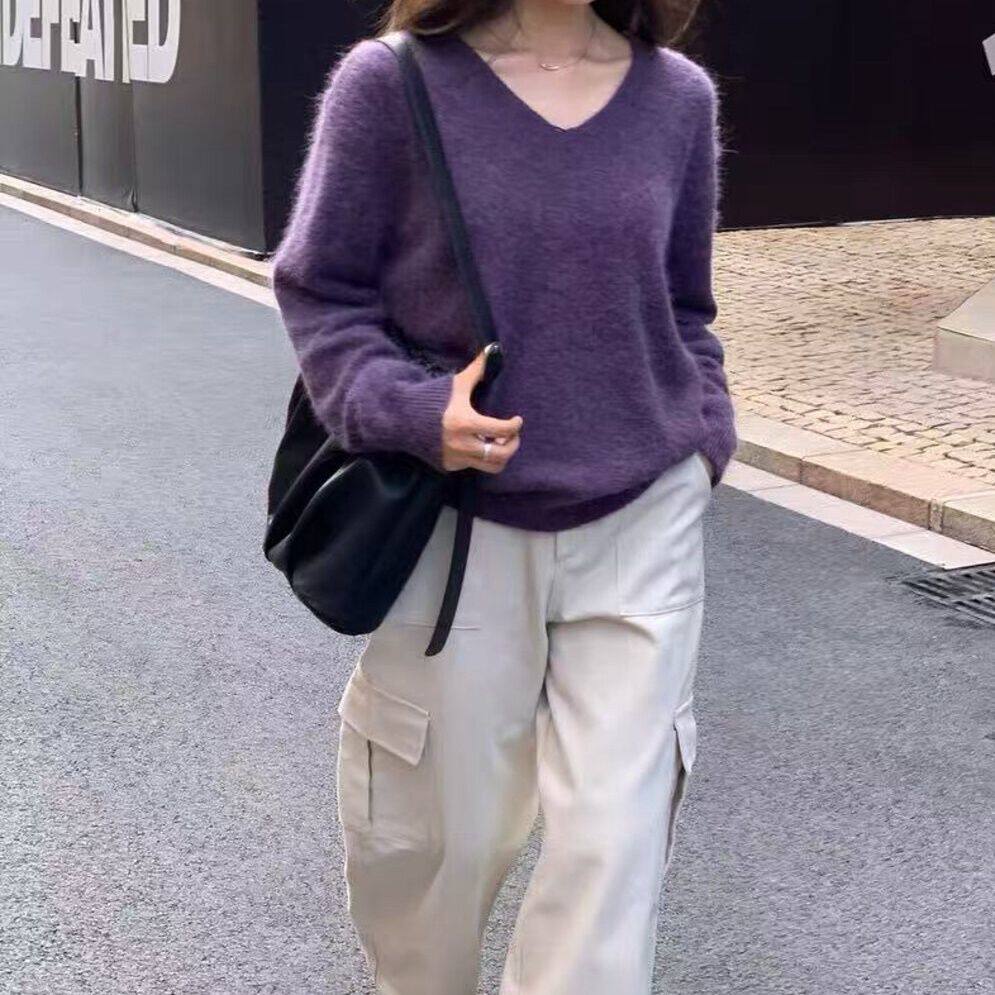 老钱风V领毛衣女秋季软糯慵懒风简约遮肉宽松显瘦套头针织衫