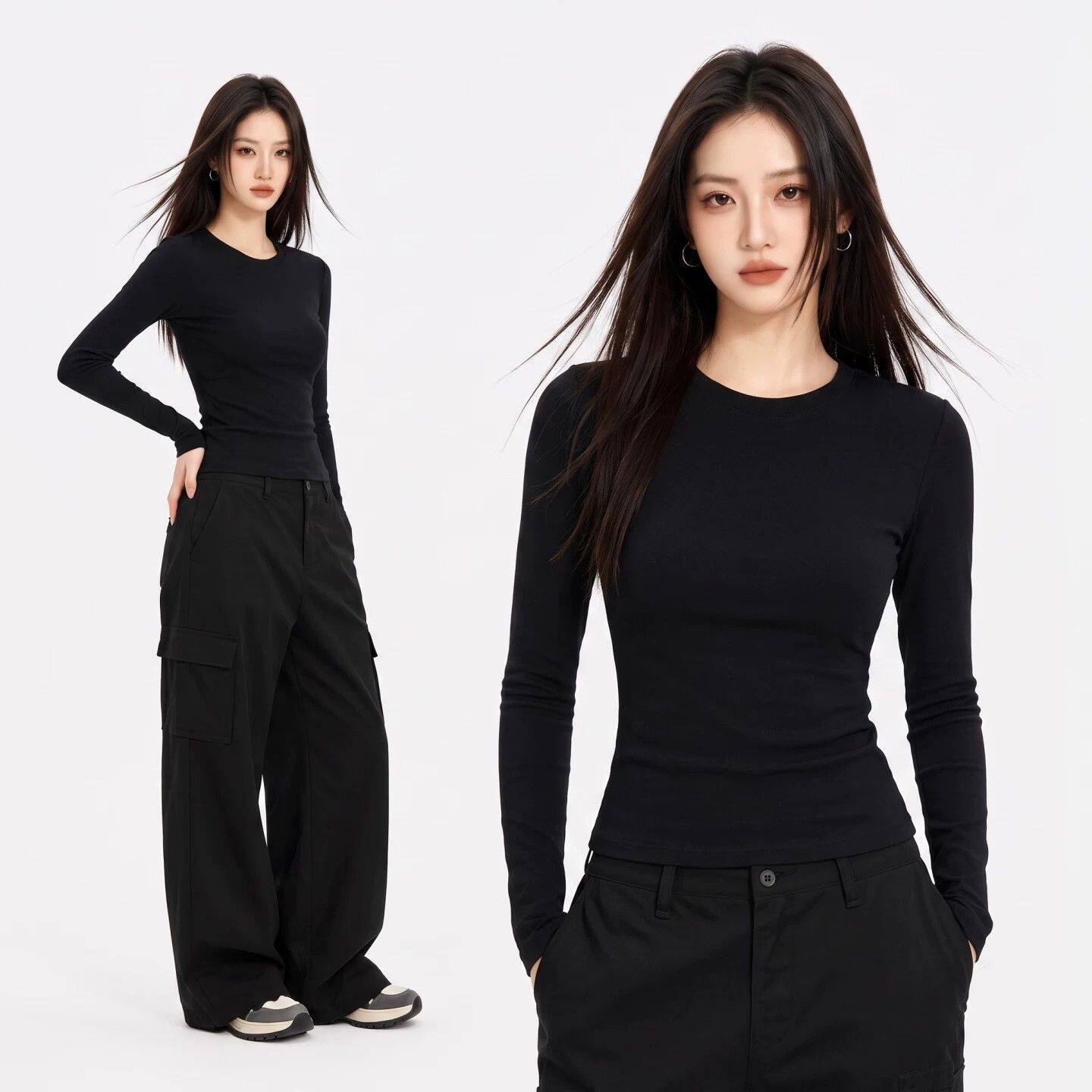 黑色内搭打底衫长袖t恤女2026新款早秋圆领正肩修身绝美韩系上衣