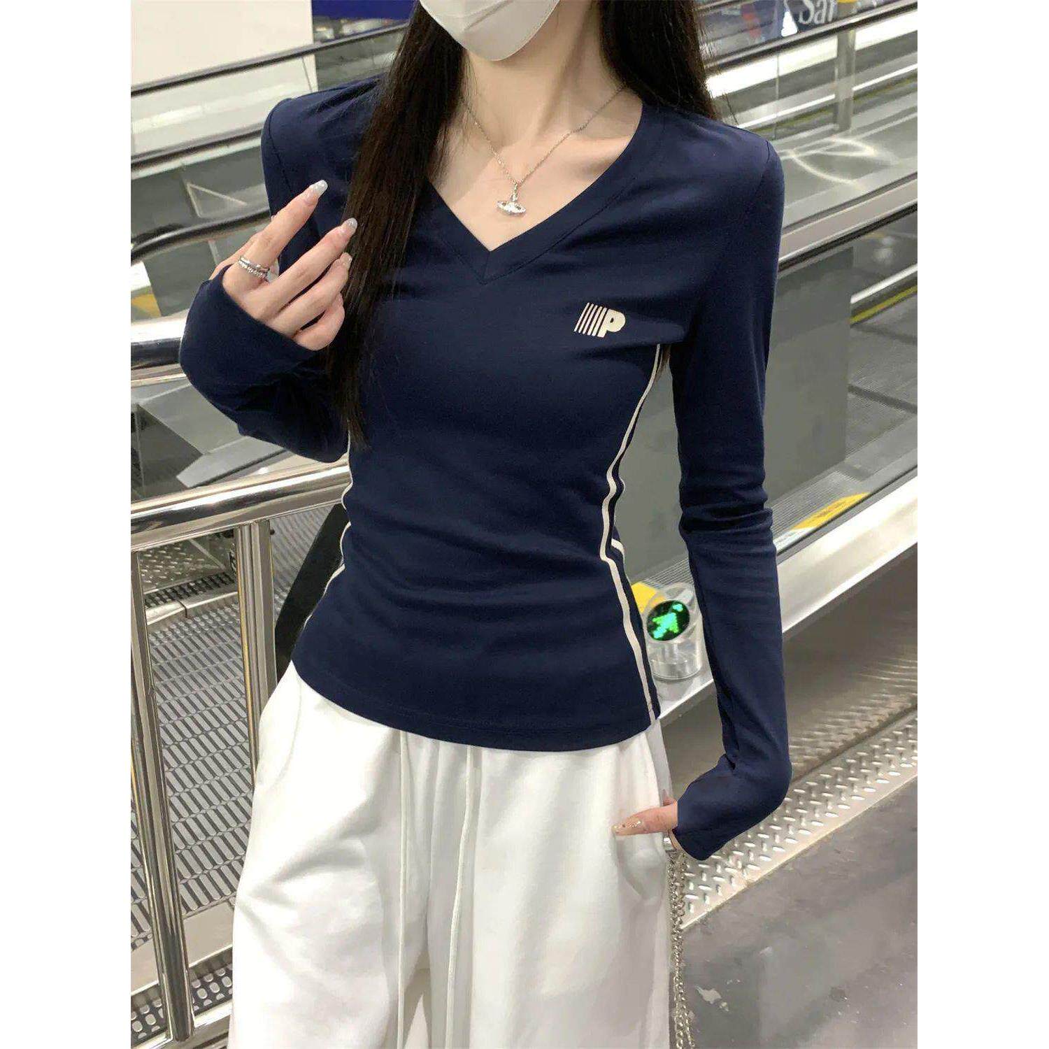 黑色V领侧腰条纹上衣长袖女紧身修身正肩t恤显瘦初秋季内搭打底衫