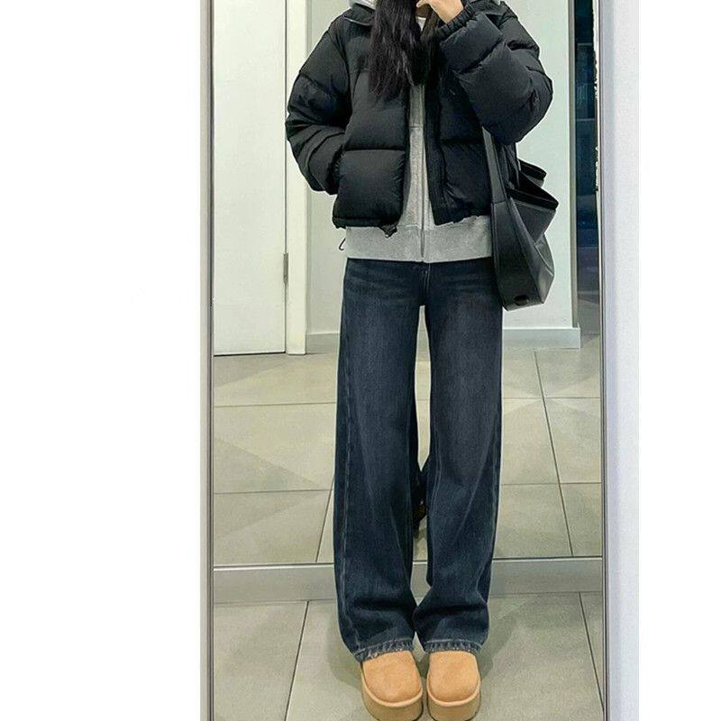 蓝灰色直筒牛仔裤女秋季新款大码梨形身材胖mm宽松显瘦窄版阔腿裤