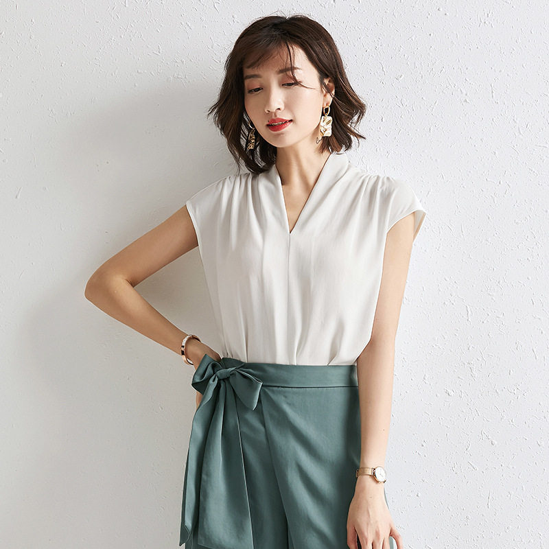 轻奢淑女韩国东大门品牌女装新款V领OL无袖雪纺白色衬衫夏上衣女|msdalam kategori Butik wanita / wanita, shirt - dari Buy2taobao.com untuk memberikan perkhidmatan ejen Taobao profesional membeli