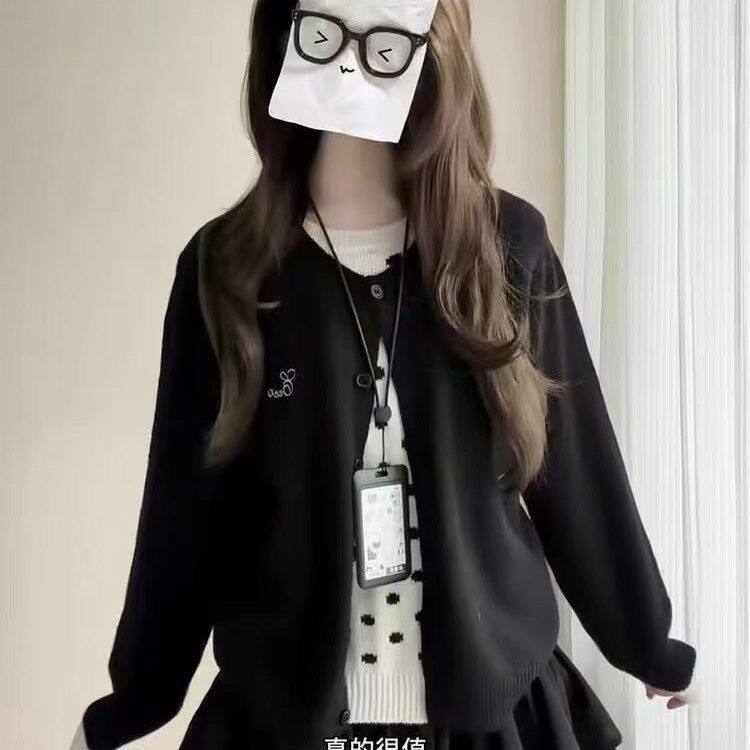 美式复古外穿开衫黑色毛衣女秋冬宽松慵懒原宿风设计感休闲外套潮