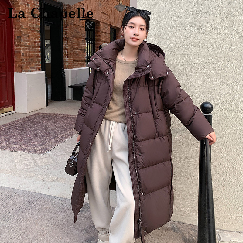 拉夏贝尔长款羽绒服26冬女宽松美拉德大被子连帽长袖保暖外套HXM