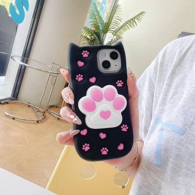 OTHER立体爱心猫爪支架iPhone15手机壳14pro新款13硅胶12Pro软壳防摔保护套iPhone11可爱卡通保护壳