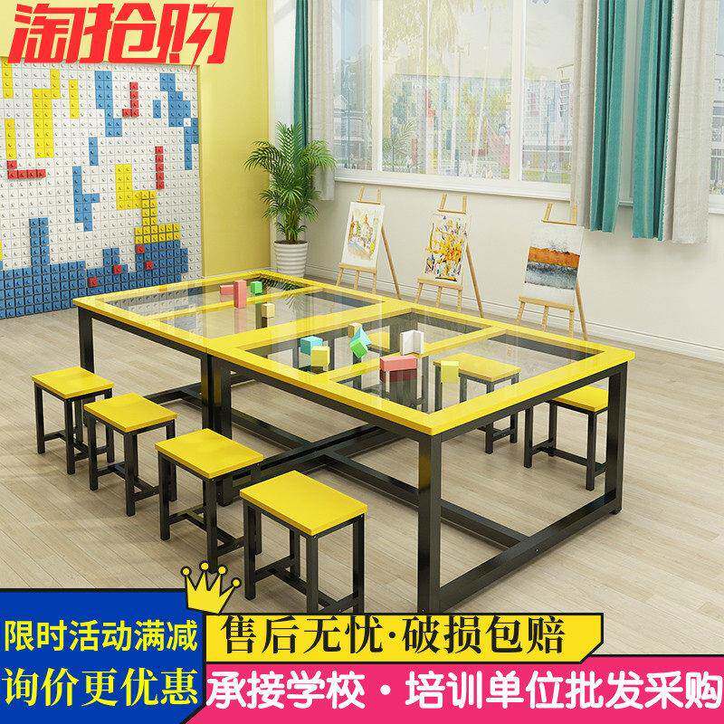 玻璃幼儿园绘画桌美术桌学生辅导培训桌椅手工画室实木儿童桌子