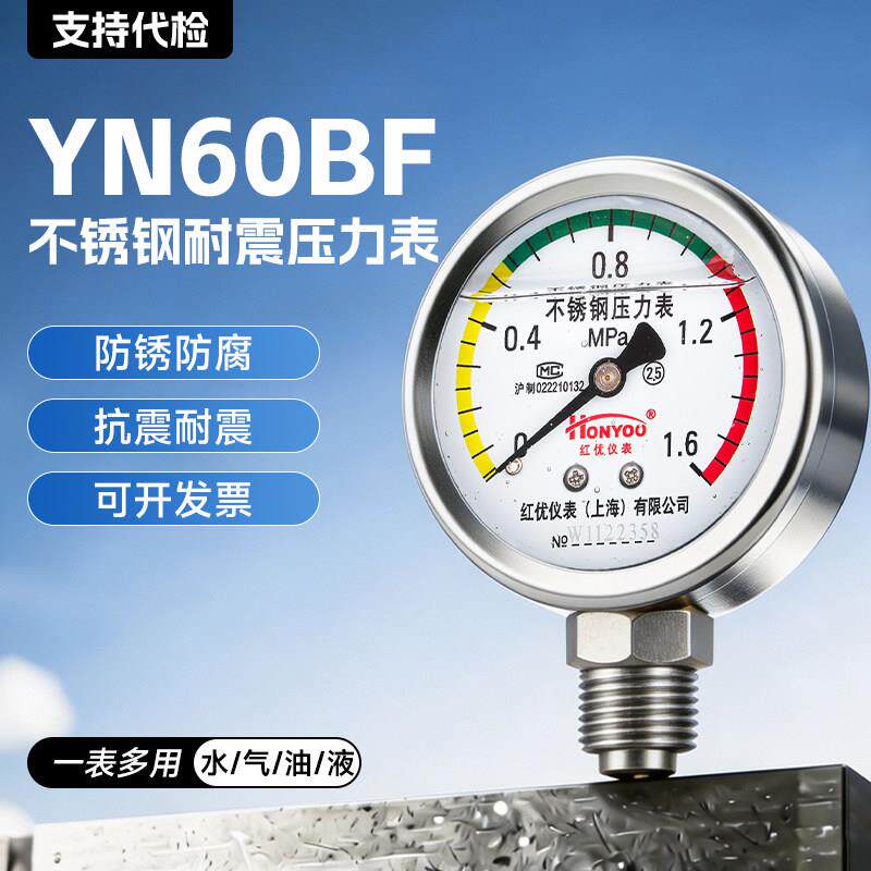 不锈钢耐震压力表YN60BF水气油压耐高温耐腐蚀防腐高温蒸汽压力表