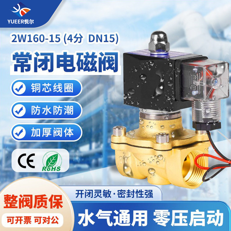 4分电磁阀AC220V2W160-15水阀DN15管道流体开关黄铜4分常闭DC24v