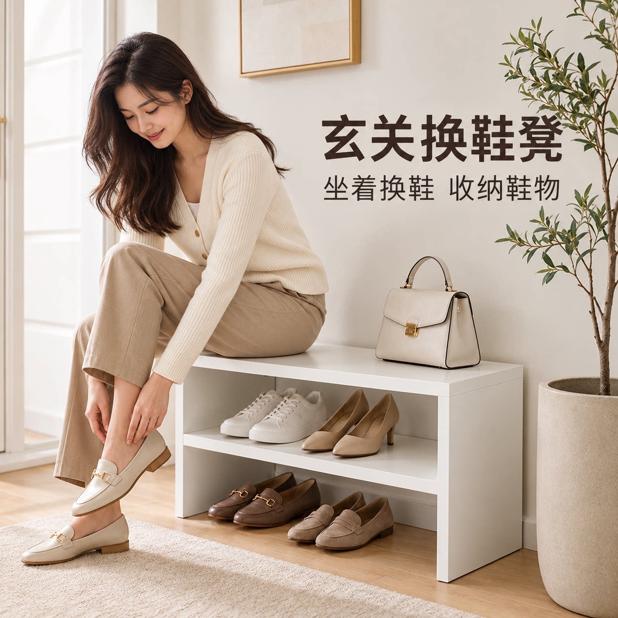 北欧奶油风实木大双层长条换鞋凳