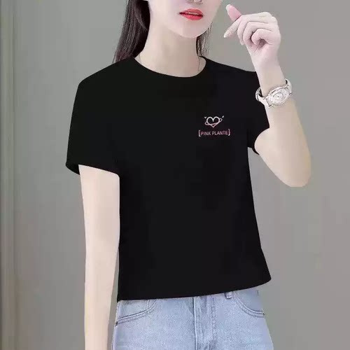 黑色圆领短袖T恤女印花宽松