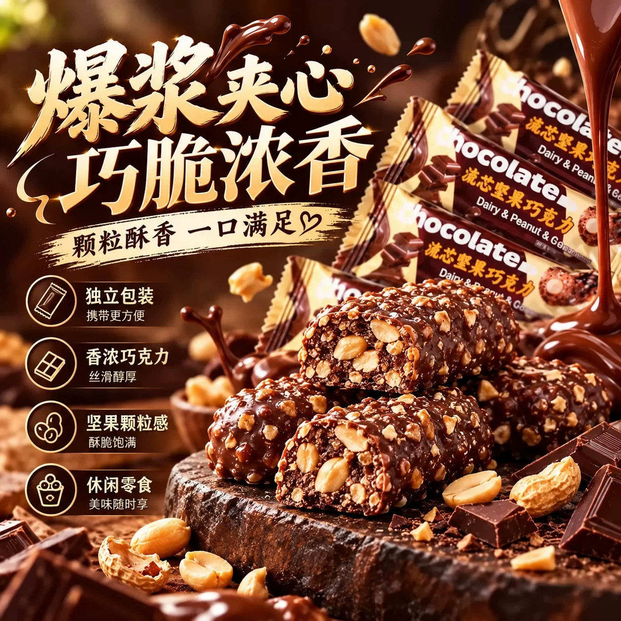 流心坚果巧克力棒爆浆夹心独立包装酥脆解馋日常休闲零食代可可脂