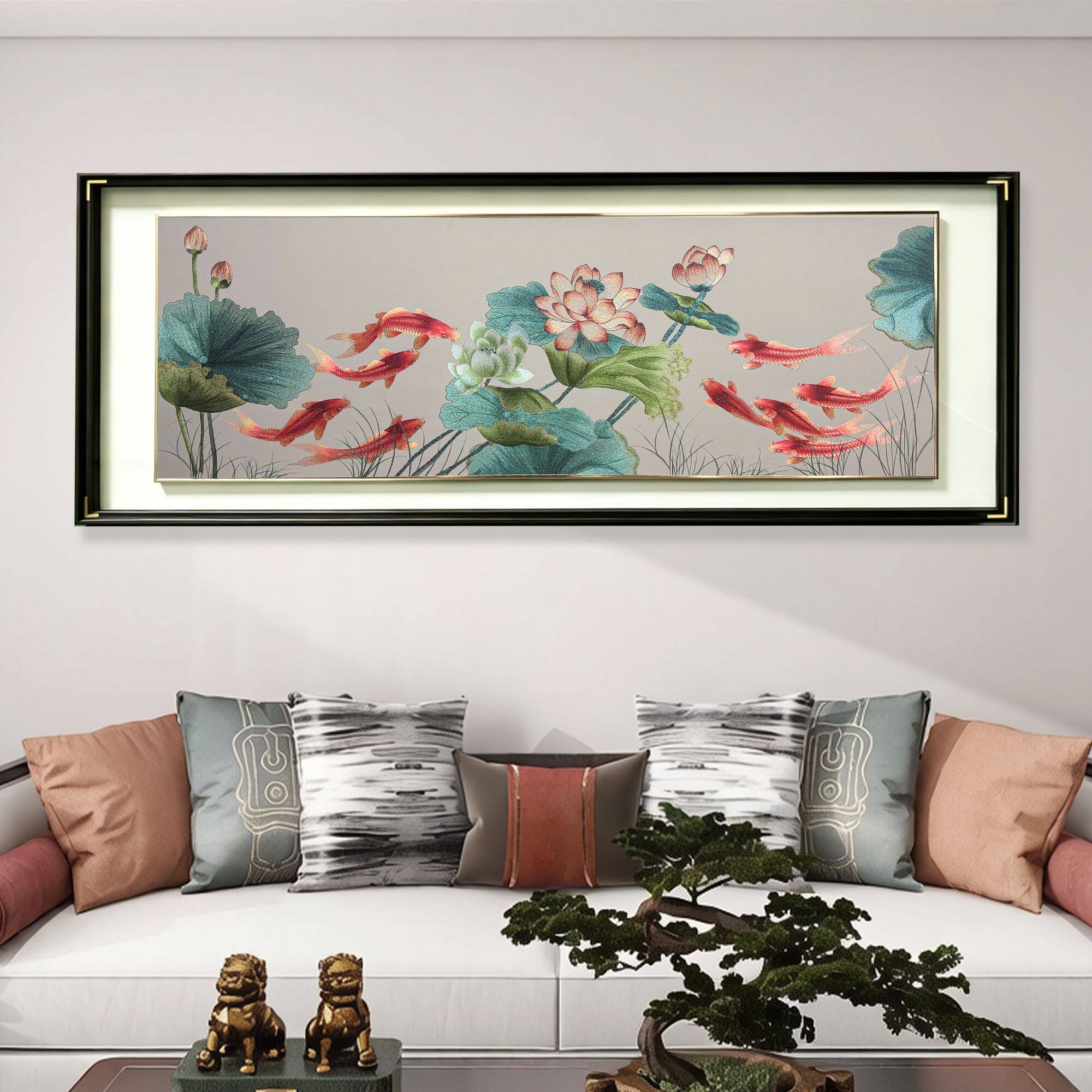 《荷花九鱼图》框中框刺绣装饰画新中式高档客厅沙发背景墙挂画