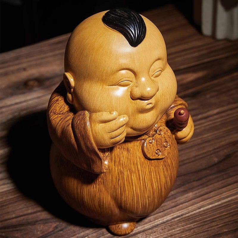 地主家的傻儿子新中式装饰品摆件仿竹根木雕塑人物高端古风工艺品