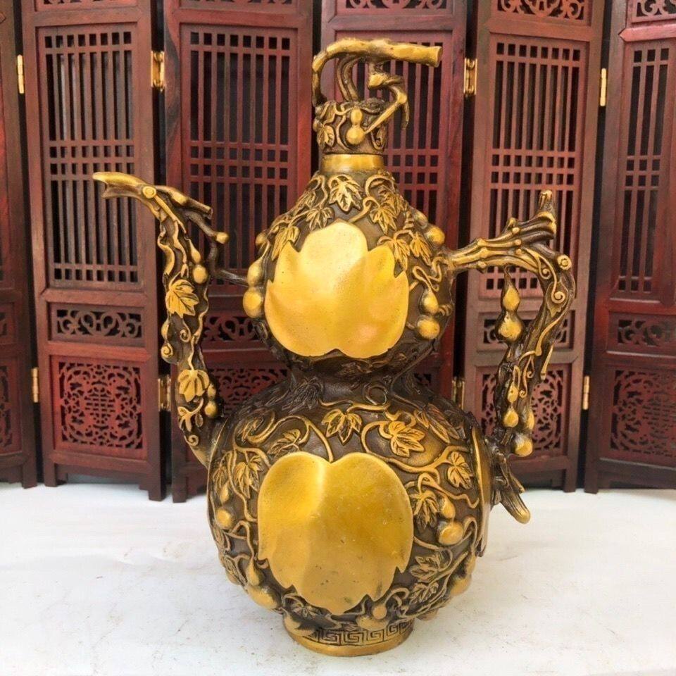 古玩铜器收藏品仿古黄铜精品酒壶葫芦造型摆件