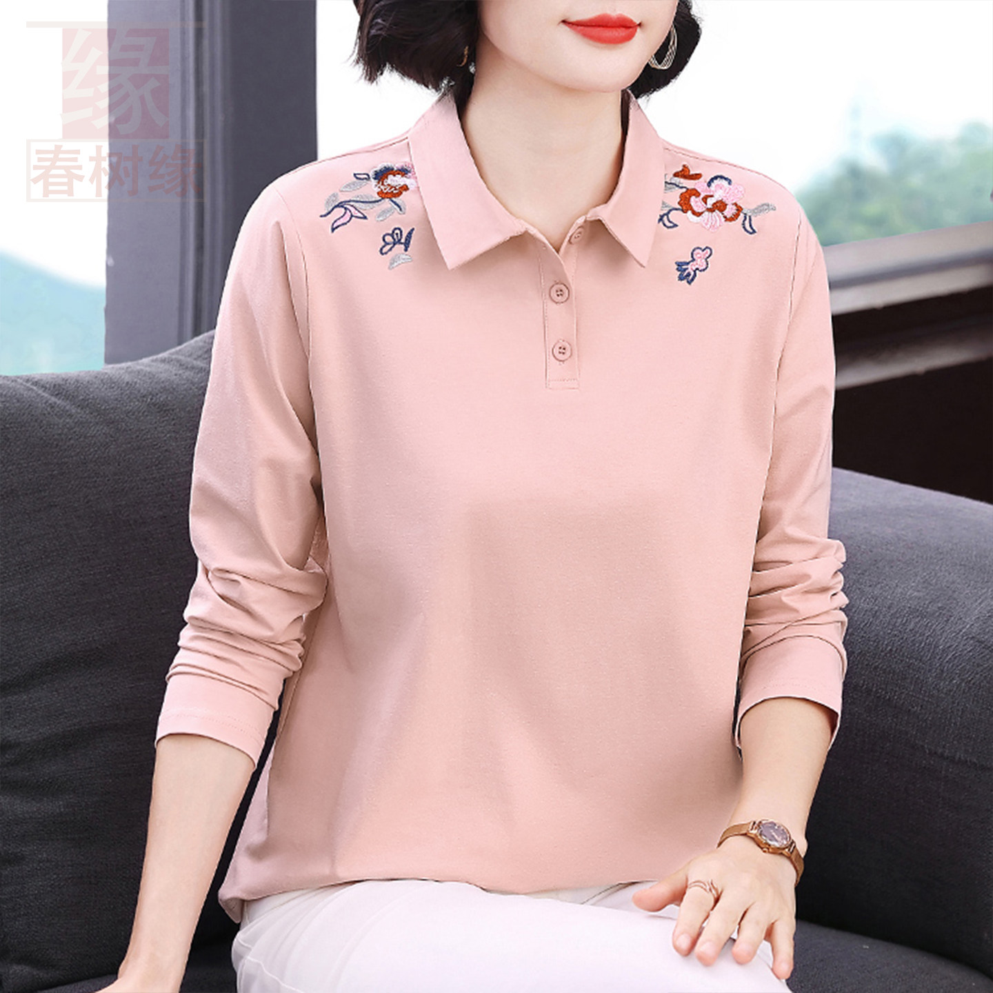 春树缘纯棉刺绣POLO衫宽松显瘦